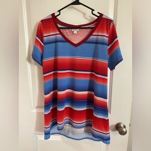 Red. White & blue striped shirt